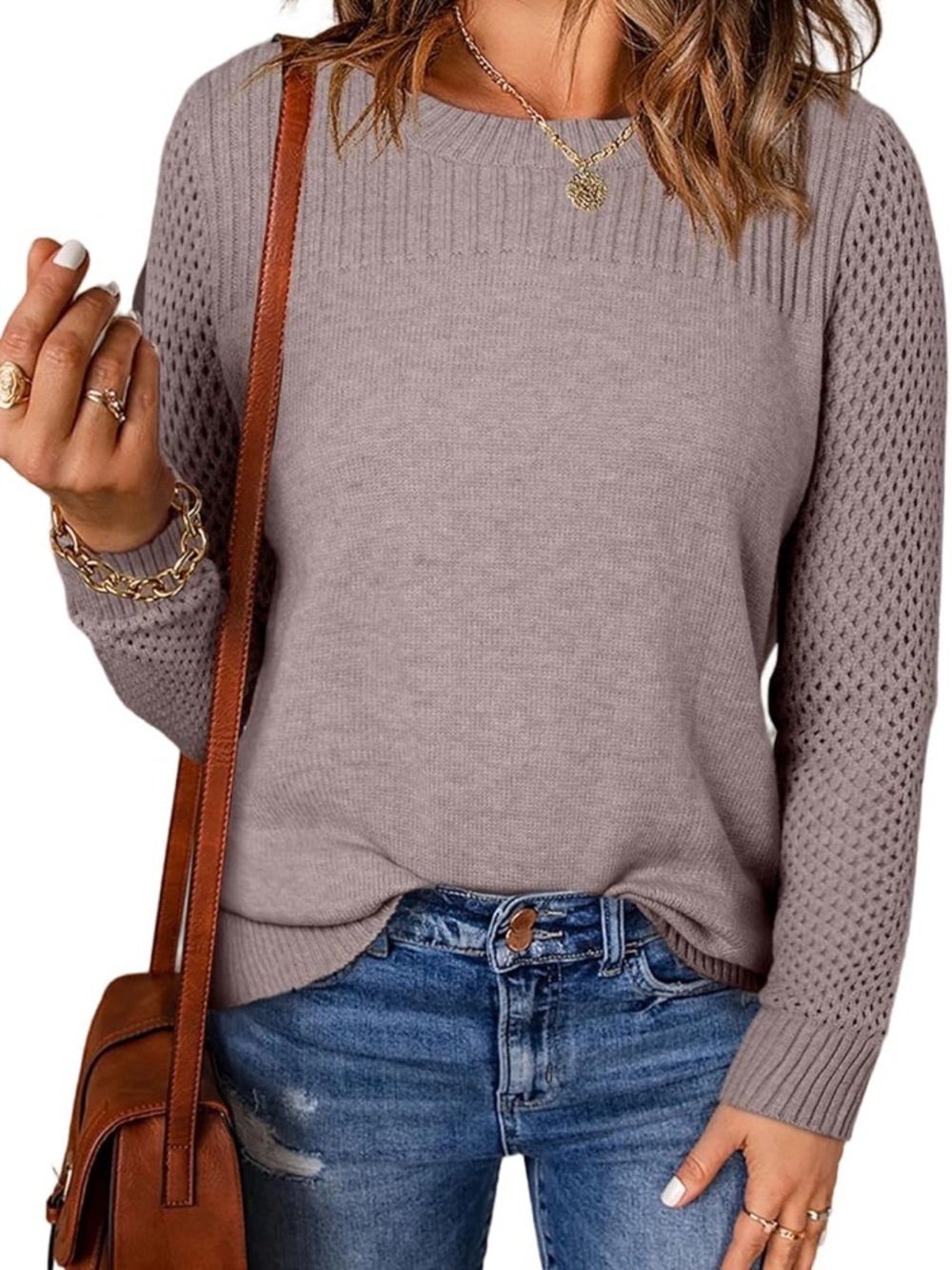 EVALESS pinkish purple Crewneck Knit Sweater with Open-Stitch Sleeves